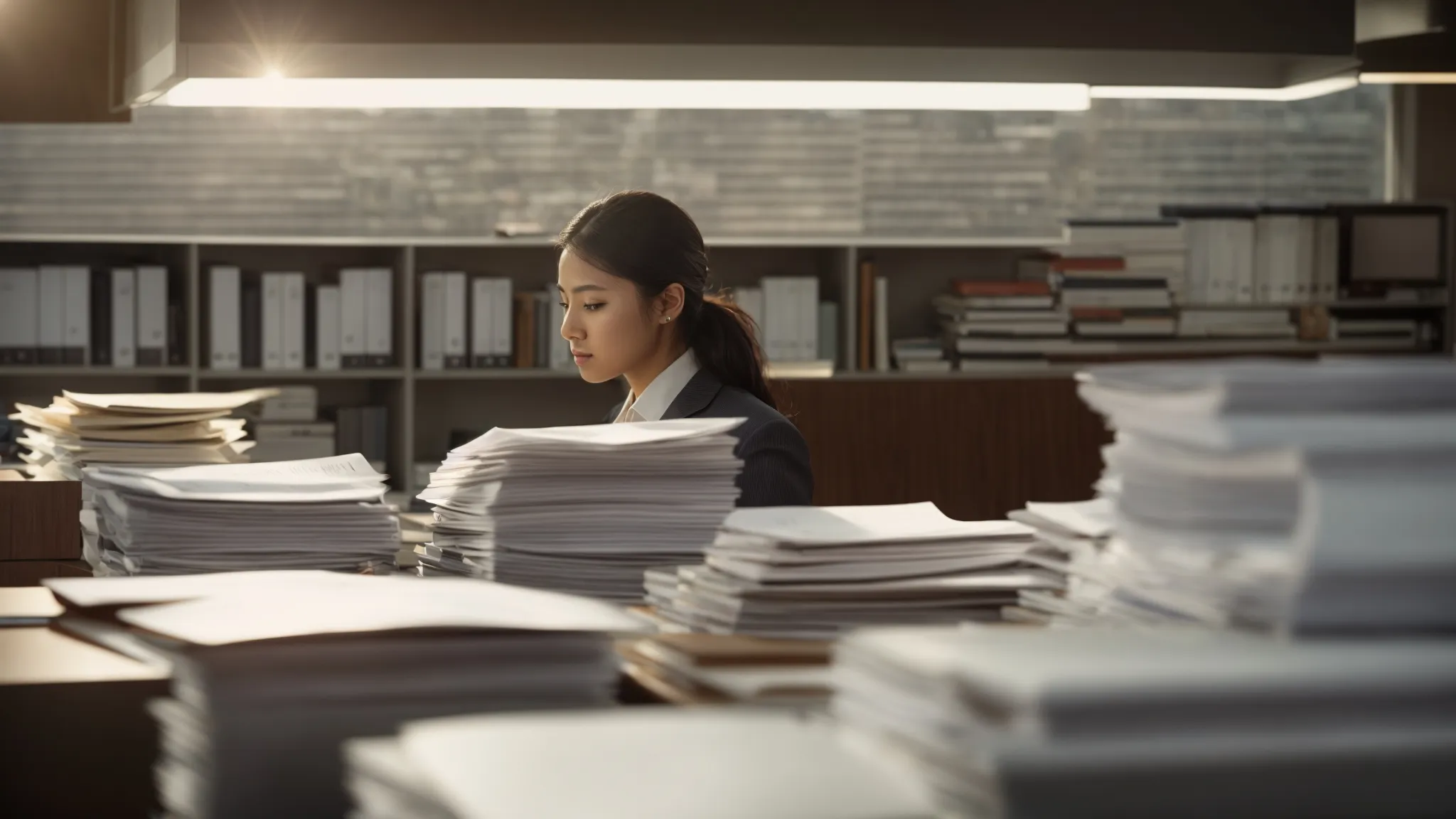 a visually striking scene of a professional office setting with a focused individual analyzing a stack of business cheques and financial documents under soft, natural light, emphasizing systematic dispute resolution.