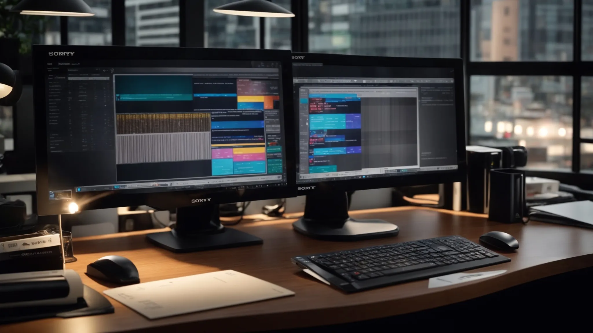 a vivid, organized workspace showcases a sleek computer screen displaying cheque management software, surrounded by a collection of neatly stacked business and personal cheques, illuminated by soft, natural light to emphasize the technology's efficiency and security.