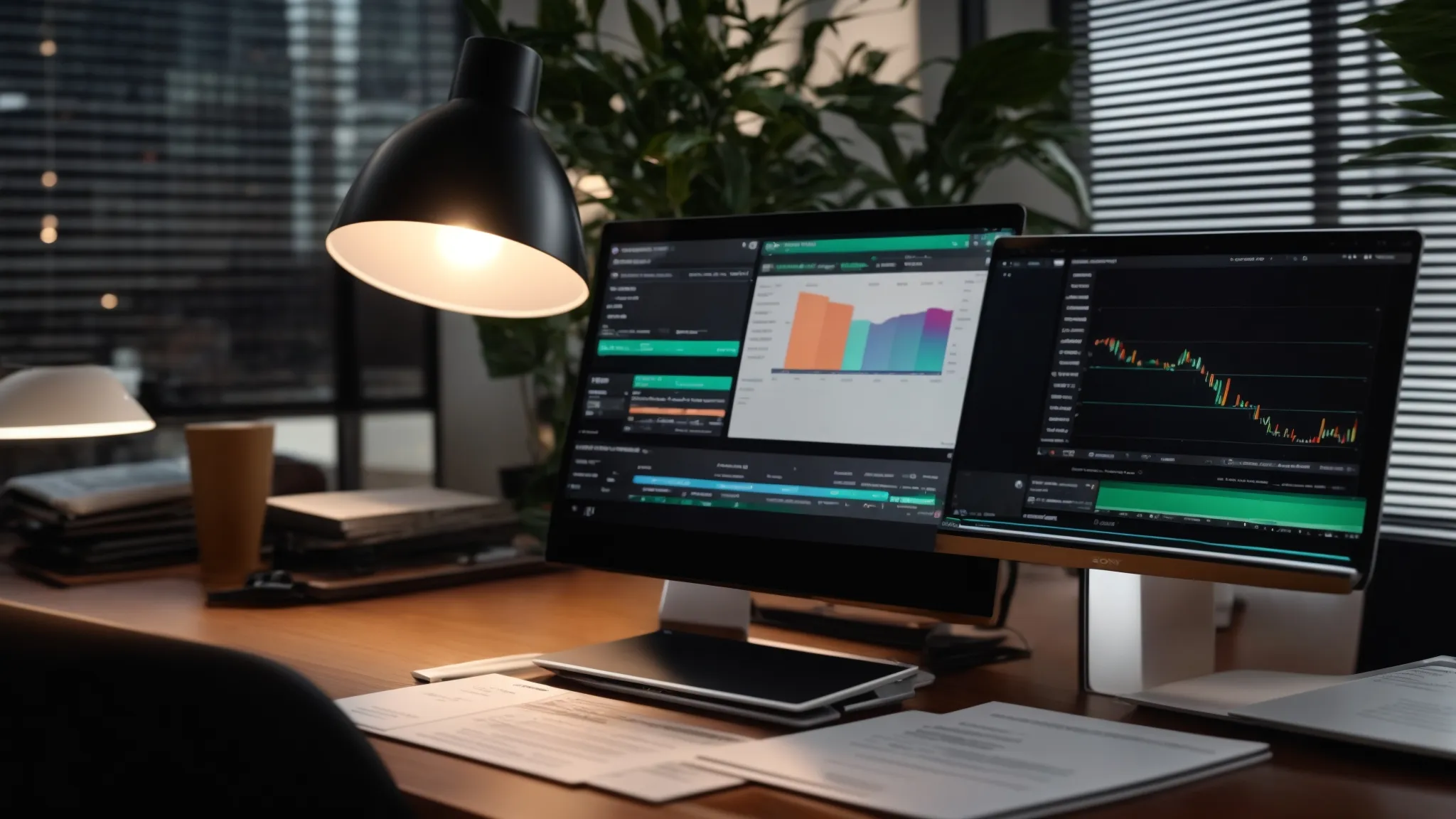 an organized workspace showcases a sleek laptop displaying a comprehensive cheque tracking system, accentuated by vibrant charts and status updates, illustrating the efficient management of business and personal cheques under soft, diffused lighting.