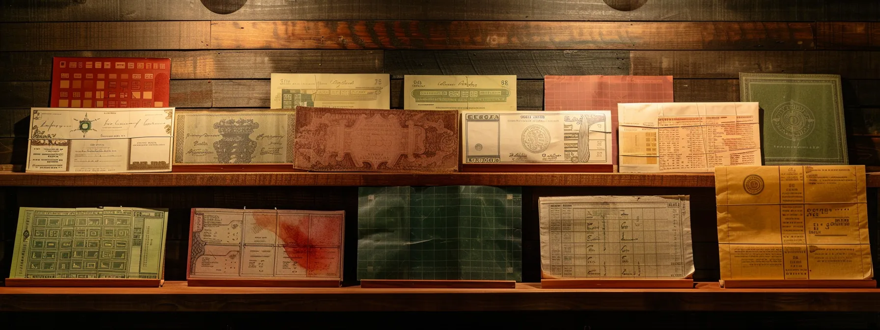 a beautifully arranged collection of business and personal cheques, each showcasing intricate designs and rich colors, elegantly displayed on a sleek wooden surface illuminated by soft, natural light.