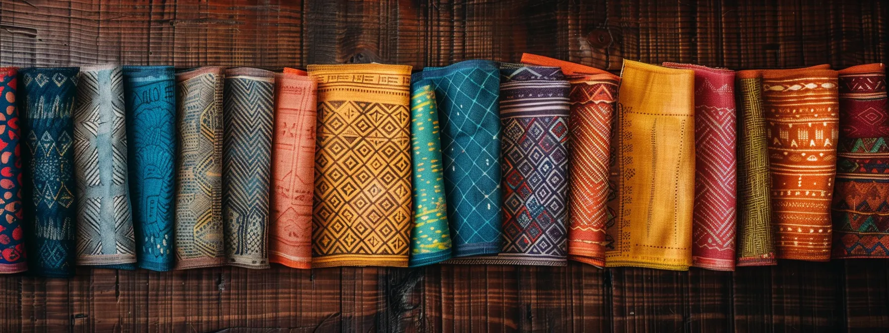 a beautifully arranged collection of diverse cheque designs, featuring intricate patterns and vibrant colors, elegantly displayed on a polished wooden table under soft, natural light.