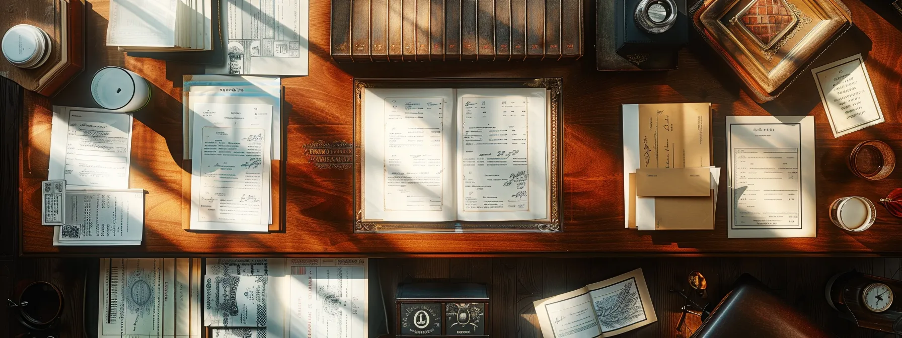 a beautifully arranged flat lay showcases an array of elegant business and personal cheques, emphasizing their refined typography and intricate design against a luxurious backdrop of rich mahogany, illuminated by soft, diffused lighting.