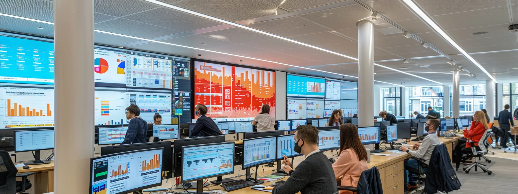 a bustling office environment with a focused professional comparing vibrant, digital price charts displayed on multiple screens, embodying the theme of financial clarity and strategic decision-making in cheque procurement.