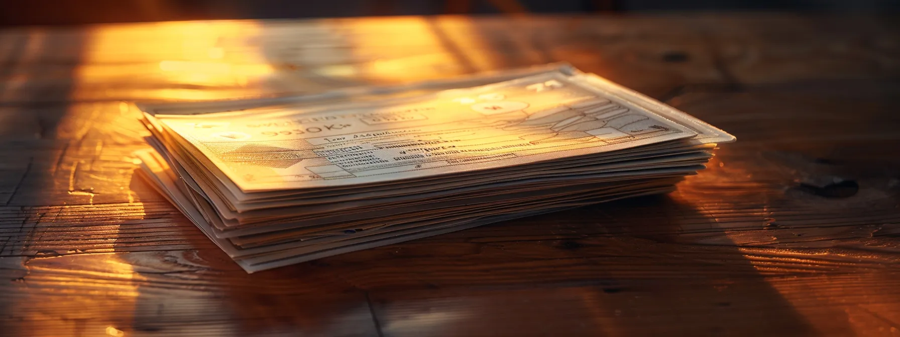 a captivating arrangement of business and personal cheques neatly stacked on a polished wooden surface, illuminated by warm, soft lighting that enhances their crisp, professional designs.