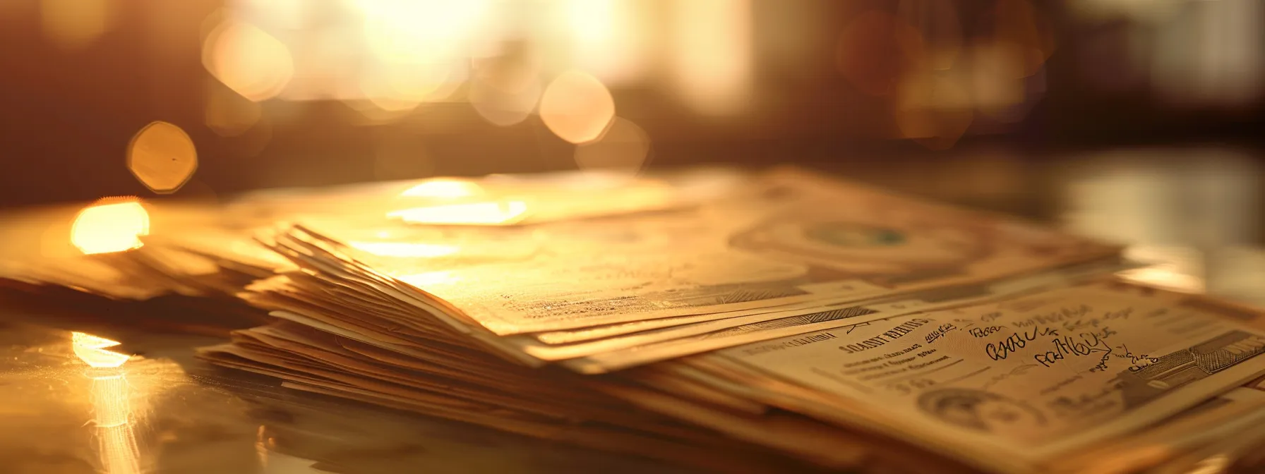 a captivating close-up of an elegantly arranged stack of various cheques, showcasing the intricate designs and textures against a blurred office background, illuminated by soft, warm lighting to highlight their significance in personal and business transactions.