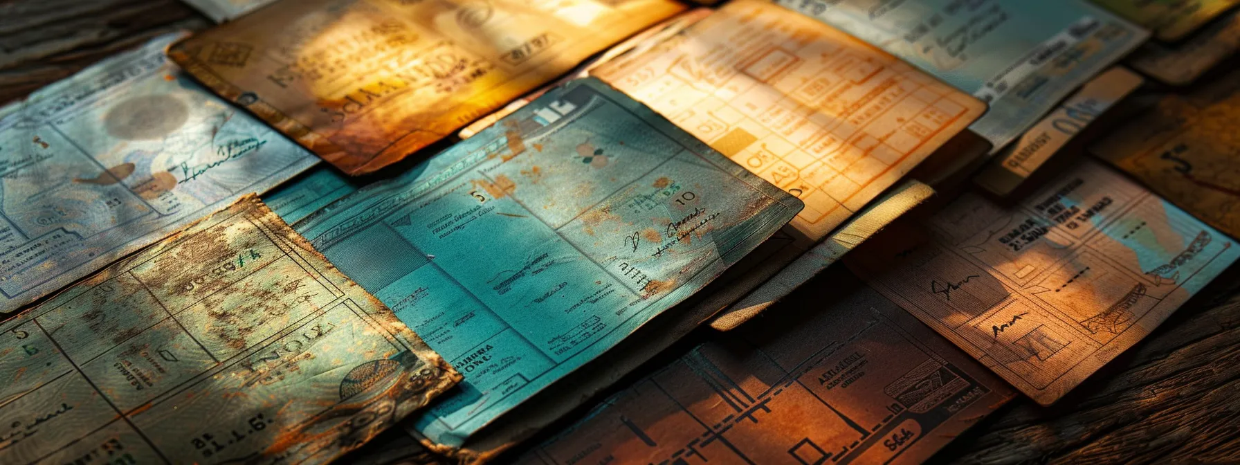 a captivating close-up of an elegant array of colorful personal and business cheques artfully arranged on a richly textured wooden surface, illuminated by soft, diffused lighting that highlights their intricate designs and understated sophistication.