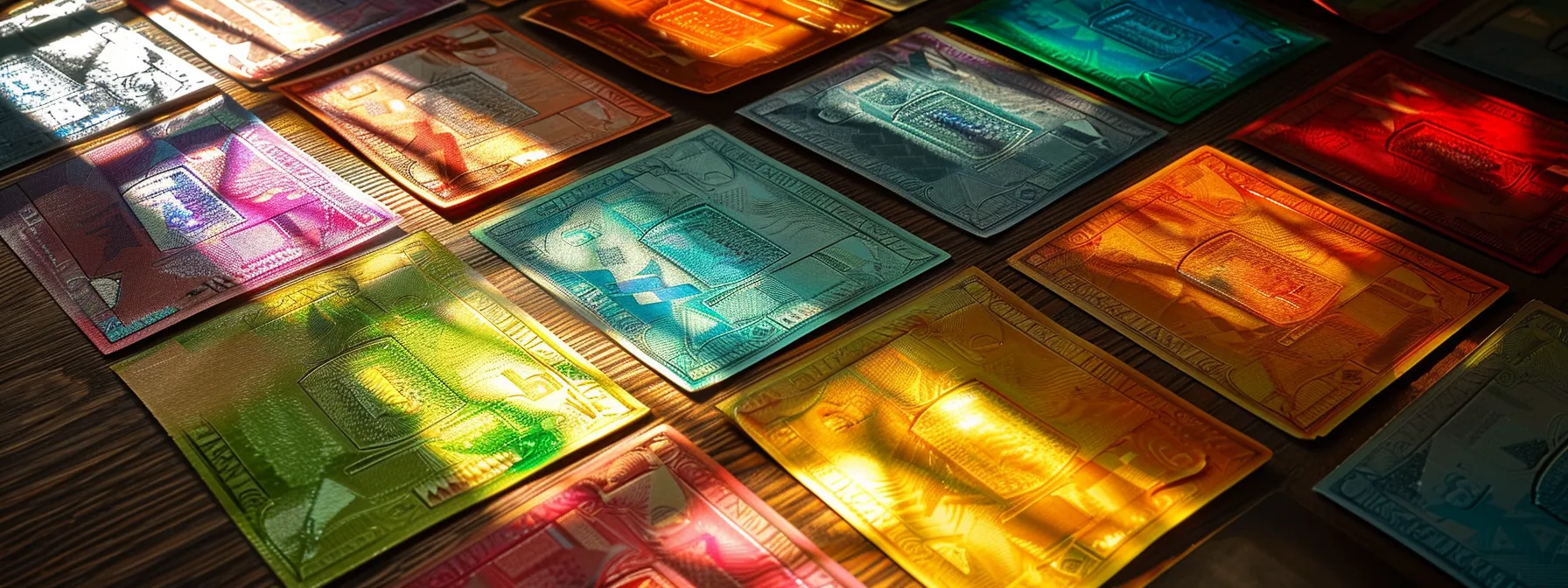 a captivating display of an array of vibrant business and personal cheques elegantly arranged on a polished wooden surface, illuminated by soft, natural light that enhances their intricate designs and textures.