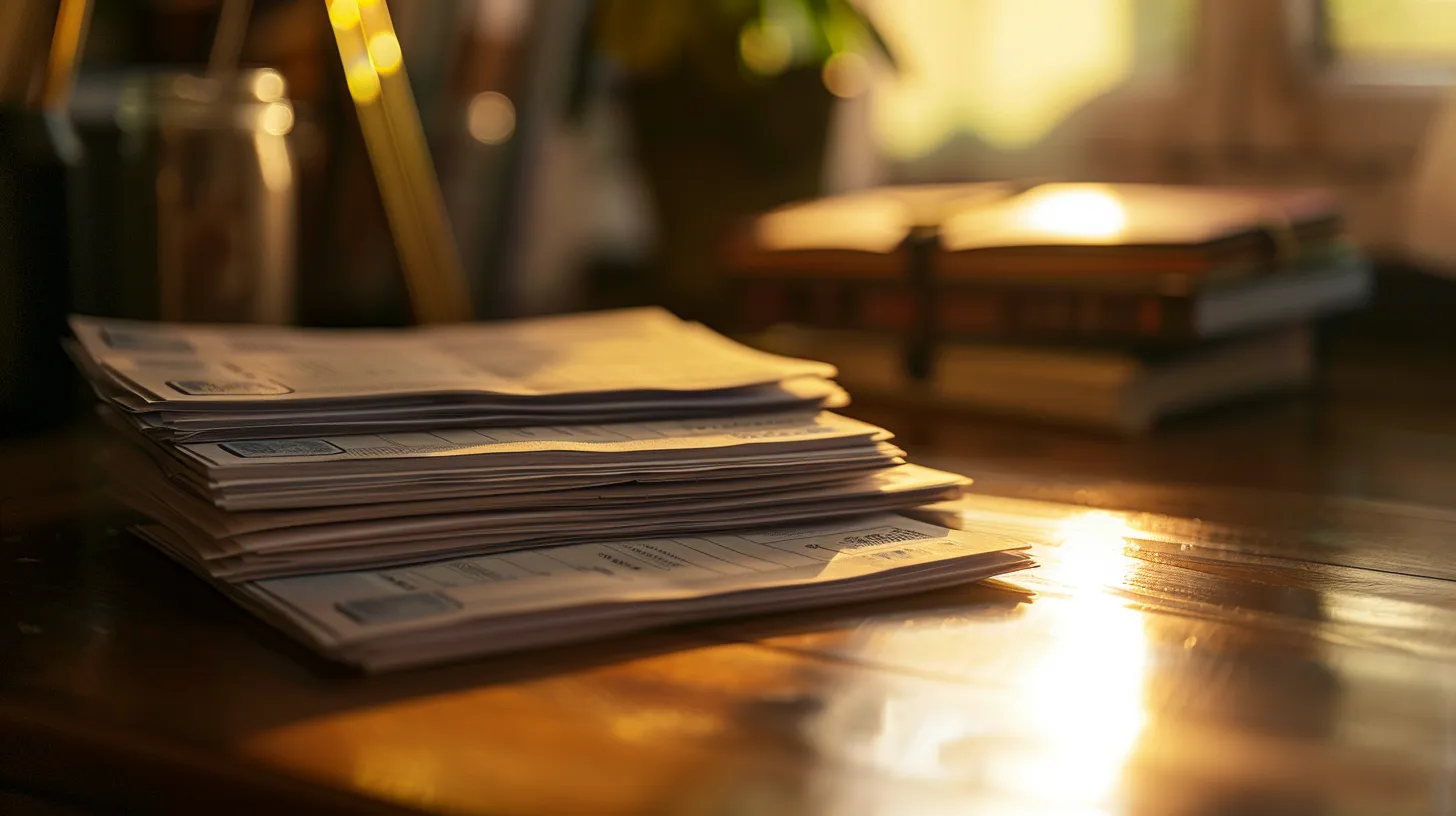 a close-up shot of a stack of elegant business and personal cheques elegantly arranged on a polished wooden desk, illuminated by soft, natural light to create a sophisticated and inviting atmosphere.