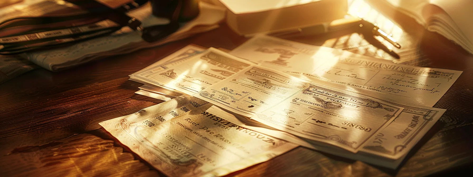 a close-up shot of an elegant assortment of business and personal cheques, beautifully arranged on a rich wooden desk, illuminated by soft, natural light that highlights the intricate designs and textures of the paper.
