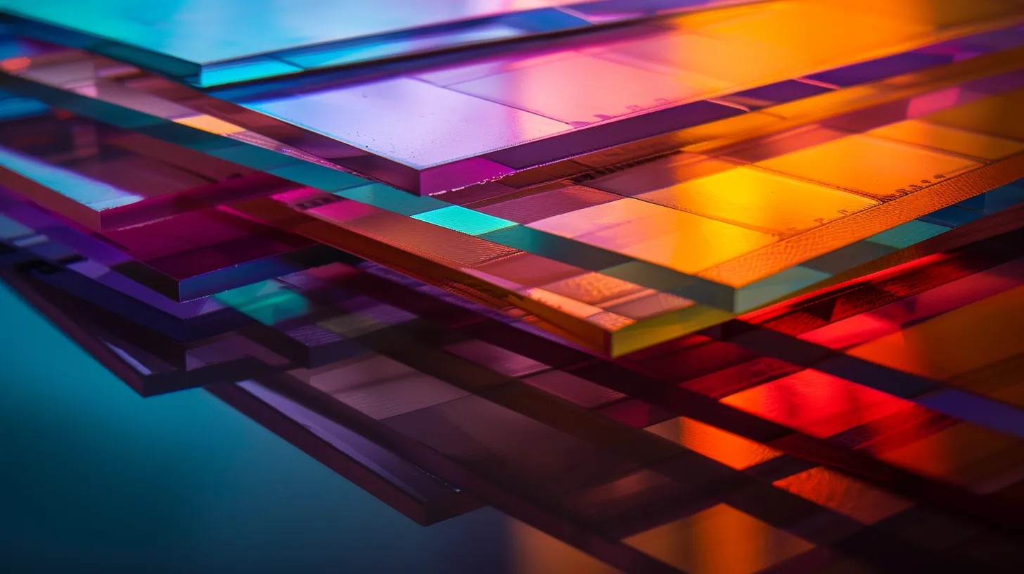 a close-up view of an elegant, stacked arrangement of colorful business and personal cheques on a sleek, reflective surface, illuminated by soft, diffused lighting that enhances their vibrant designs and textures.