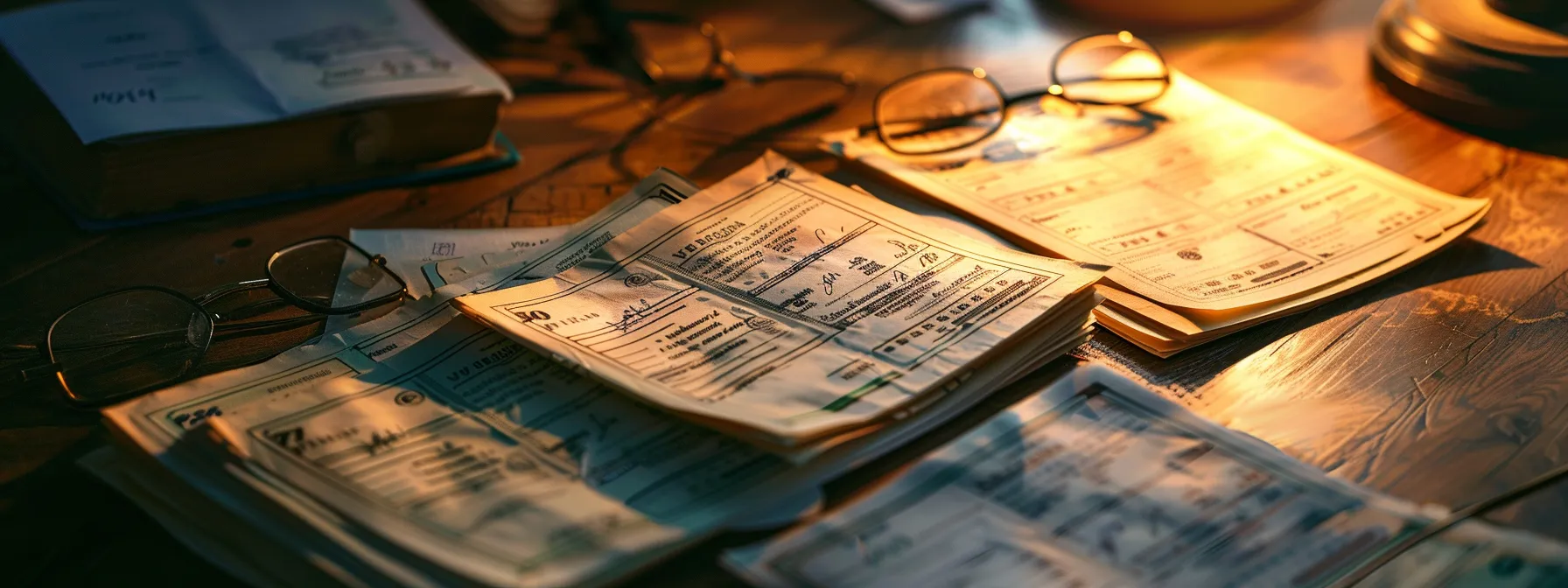 a close-up of elegantly designed business and personal cheques spread across a polished wooden desk, illuminated by soft, warm lighting that highlights their intricate details and texture.