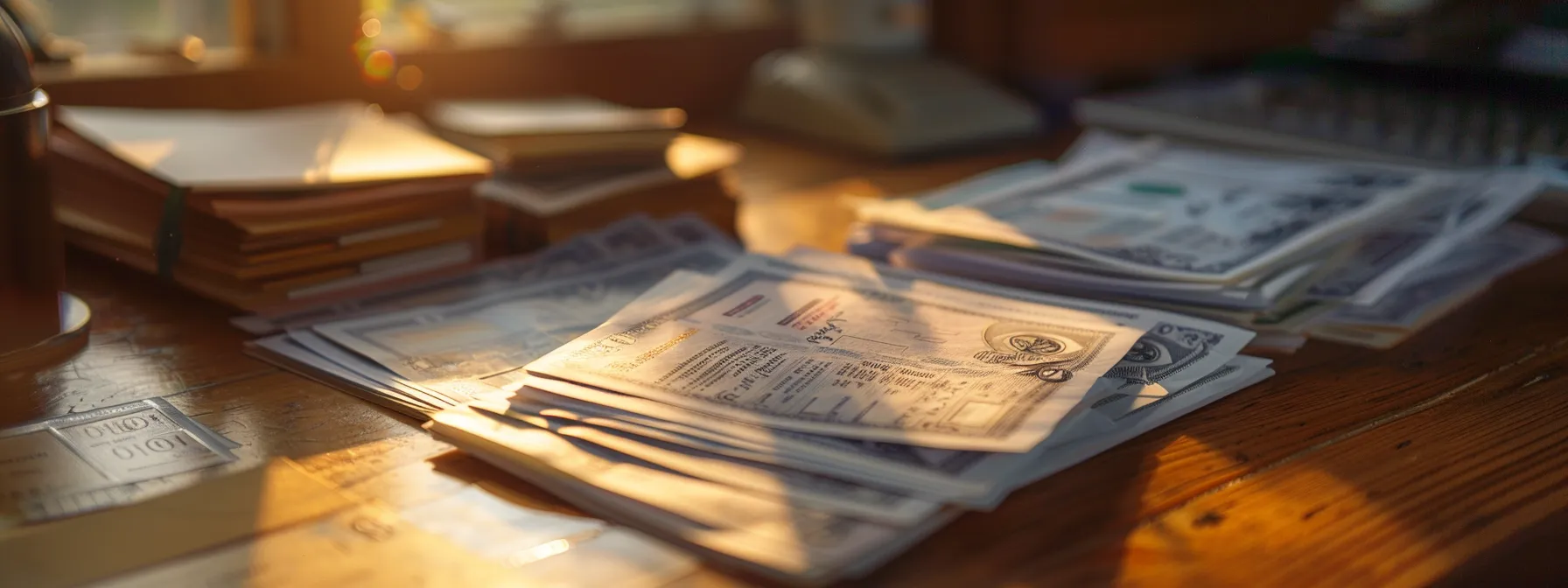 a close-up of elegantly arranged business and personal cheques, showcasing the intricate designs and textures against a softly lit wooden desk, emphasizing their importance in financial transactions.