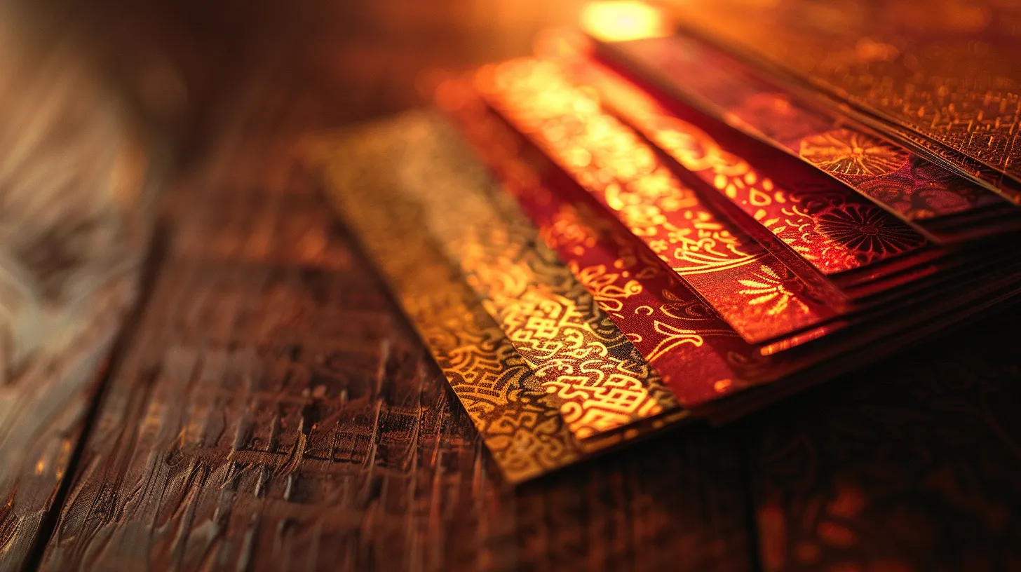 a close-up of a stack of elegant, shimmering cheques featuring intricate designs and vibrant colors, arranged thoughtfully on a polished wooden surface, illuminated by soft, warm light to enhance their luxurious texture.