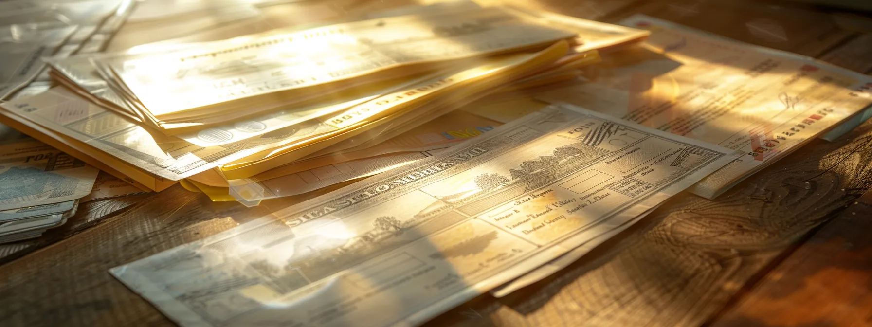 a close-up shot of an elegant collection of business cheques and personal cheques arranged artfully on a polished wooden surface, with soft, diffused natural light highlighting their intricate designs and textures.