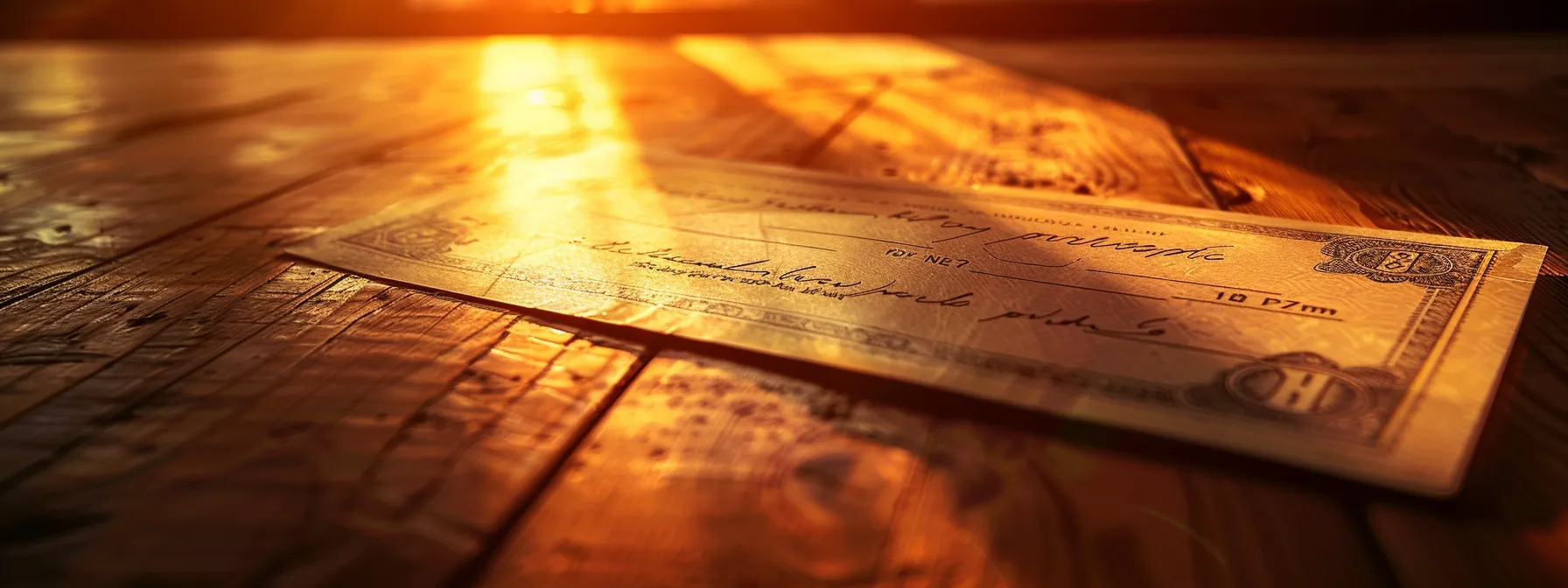 a close-up of an elegant, intricately designed cheque lying on a polished wooden desk, softly illuminated by warm, ambient light, conveying a sense of professionalism and trust.