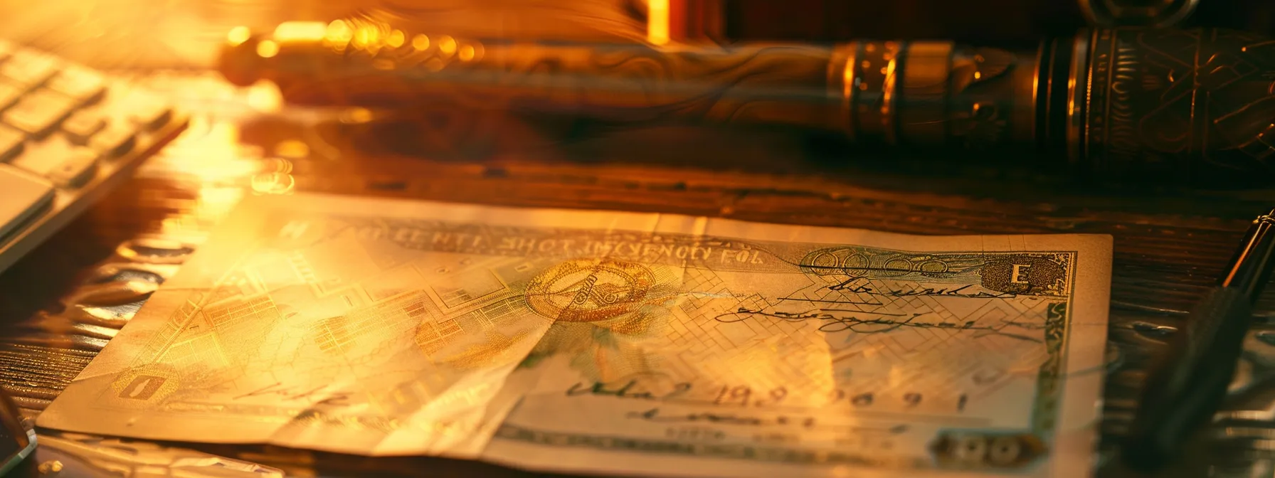 a close-up of an elegantly designed business cheque, featuring intricate patterns and a glossy finish, set against a soft-focus wooden desk backdrop illuminated by warm, natural light.