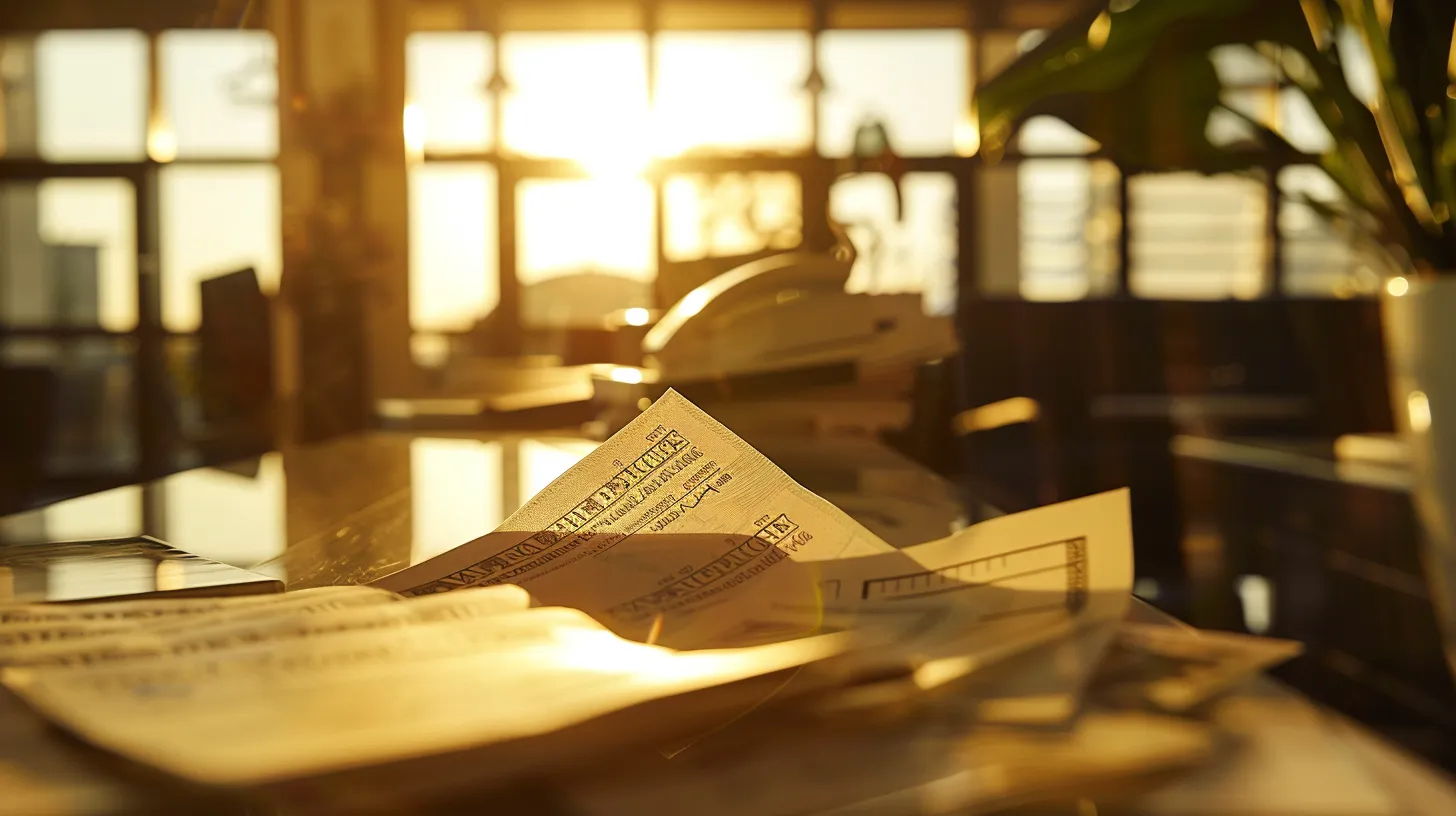 a close-up shot of an elegant arrangement of business and personal cheques, showcasing intricate designs and textures against a soft-focus backdrop of a sophisticated office setting, illuminated by warm, natural light.