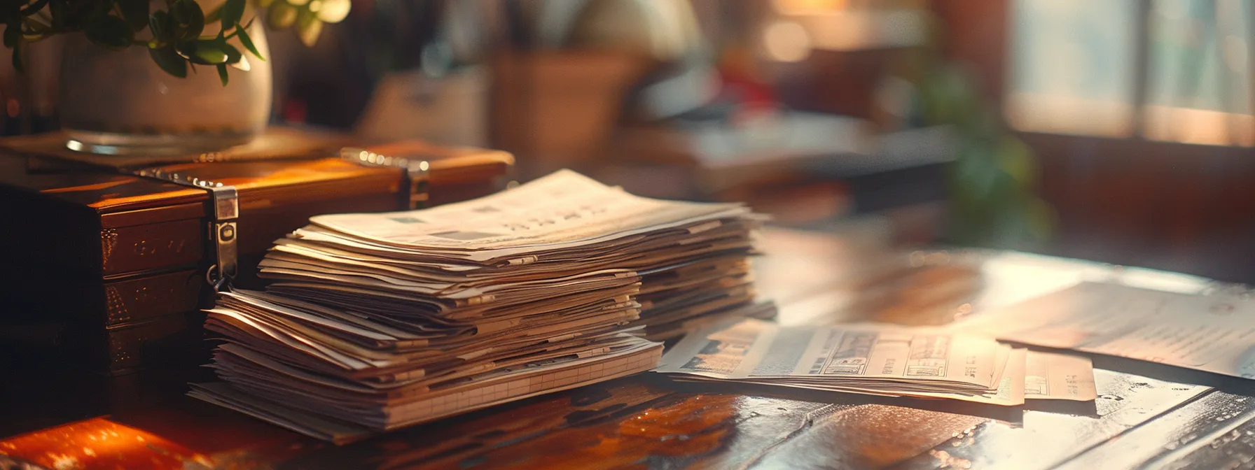a close-up view of an elegant office desk showcasing pristine business and personal cheques stacked neatly, illuminated by soft, natural light that highlights their textures and colors amidst a polished wooden backdrop.