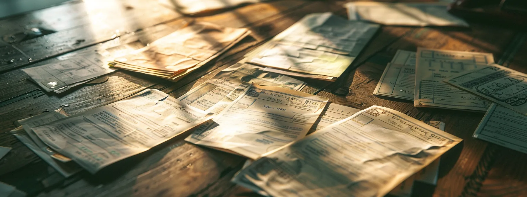 a close-up shot of an elegant arrangement of assorted business and personal cheques scattered across a polished wooden desk, illuminated by soft, diffused natural light that highlights their intricate designs and textures.