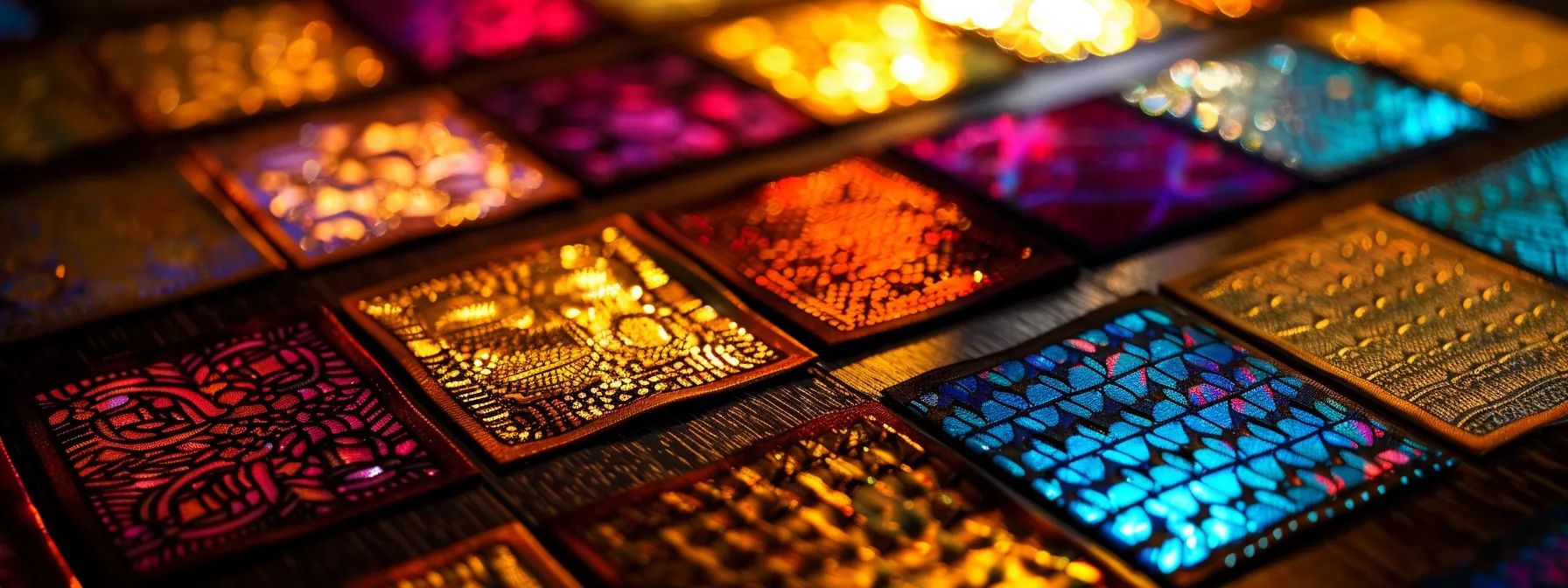 a close-up of an array of intricately designed cheques, showcasing vibrant colors and elaborate patterns, elegantly displayed on a polished wooden surface under soft, diffused lighting.