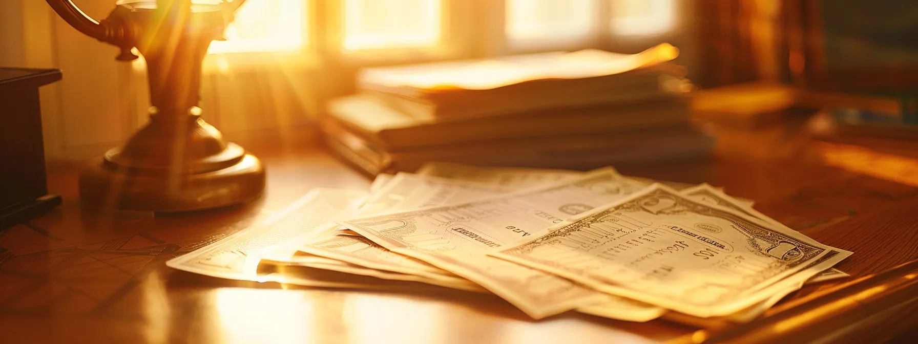 a close-up shot of a stack of elegantly patterned business and personal cheques neatly arranged on a polished wooden desk, illuminated by soft natural light filtering through a nearby window.
