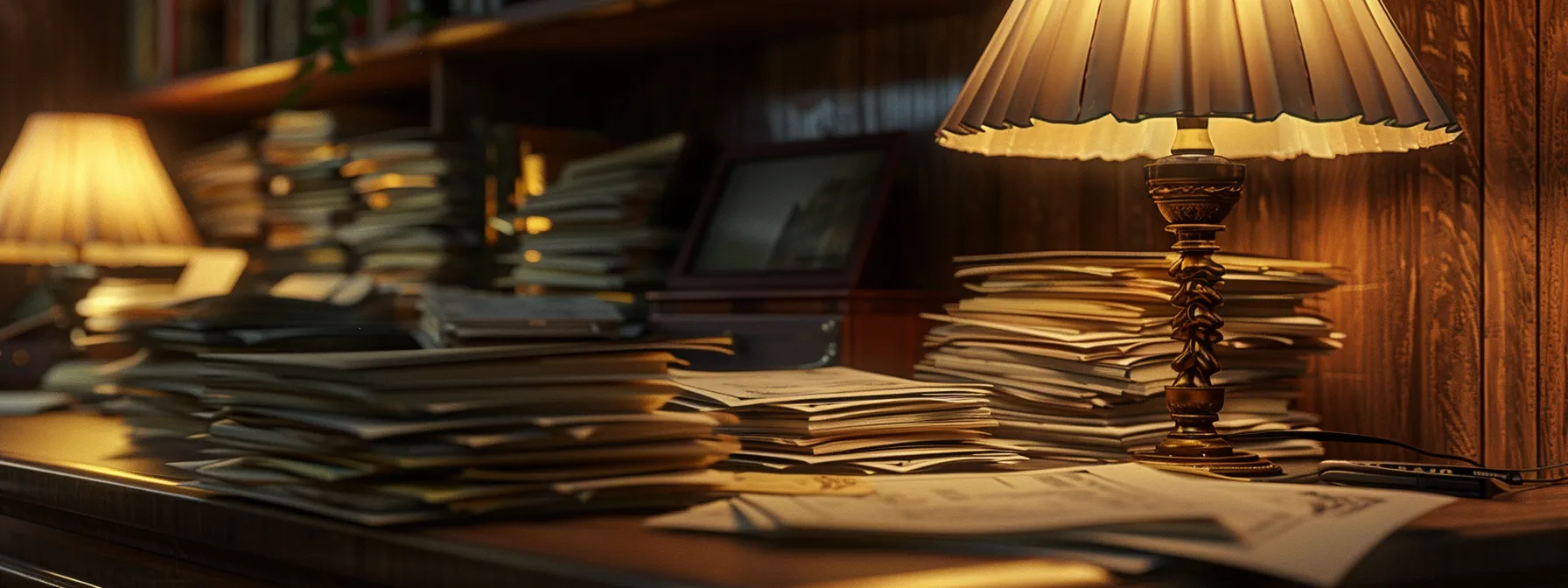 a close-up of a sophisticated desk adorned with an array of elegantly stacked business and personal cheques, illuminated by soft, warm lighting that highlights the intricate designs and textures of the paper.