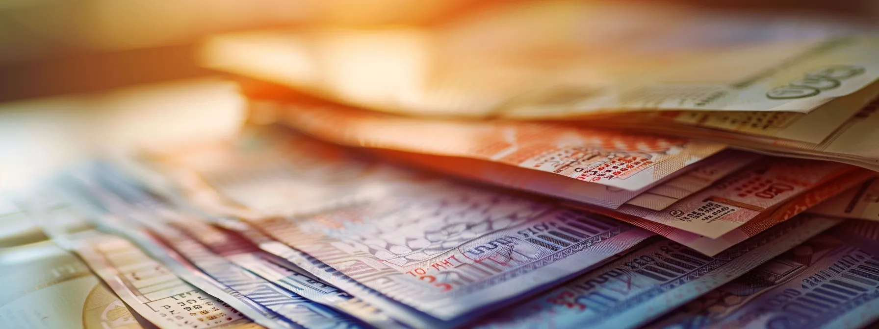a close-up shot of a neatly stacked arrangement of various business and personal cheques, showcasing their intricate designs and textures against a soft, blurred background that emphasizes professionalism and financial trust.