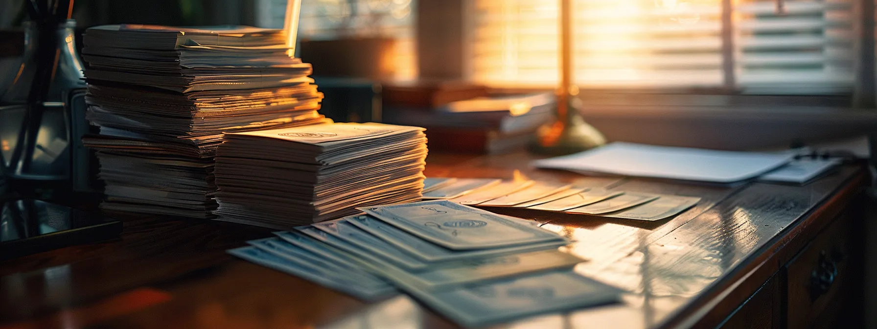 a close-up shot of a stack of elegant, textured business cheques arranged neatly on a polished wooden desk, illuminated by soft, natural light filtering through a nearby window, emphasizing the professional and traditional essence of manual transactions.