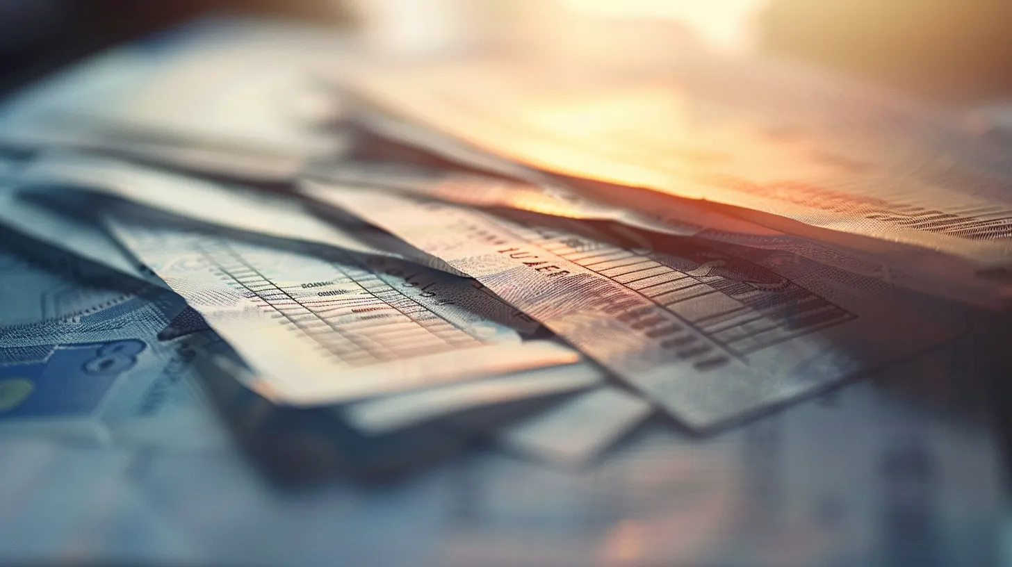 a close-up view of an elegantly arranged assortment of business and personal cheques, featuring a crisp, professional design, illuminated by soft natural light to emphasize their textured details against a minimalist background.