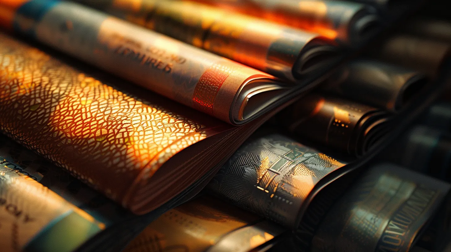a close-up shot of elegantly stacked, textured personal and business cheques illuminated by soft, diffused natural light, showcasing their intricate designs and varied colors against a contrasting dark surface.