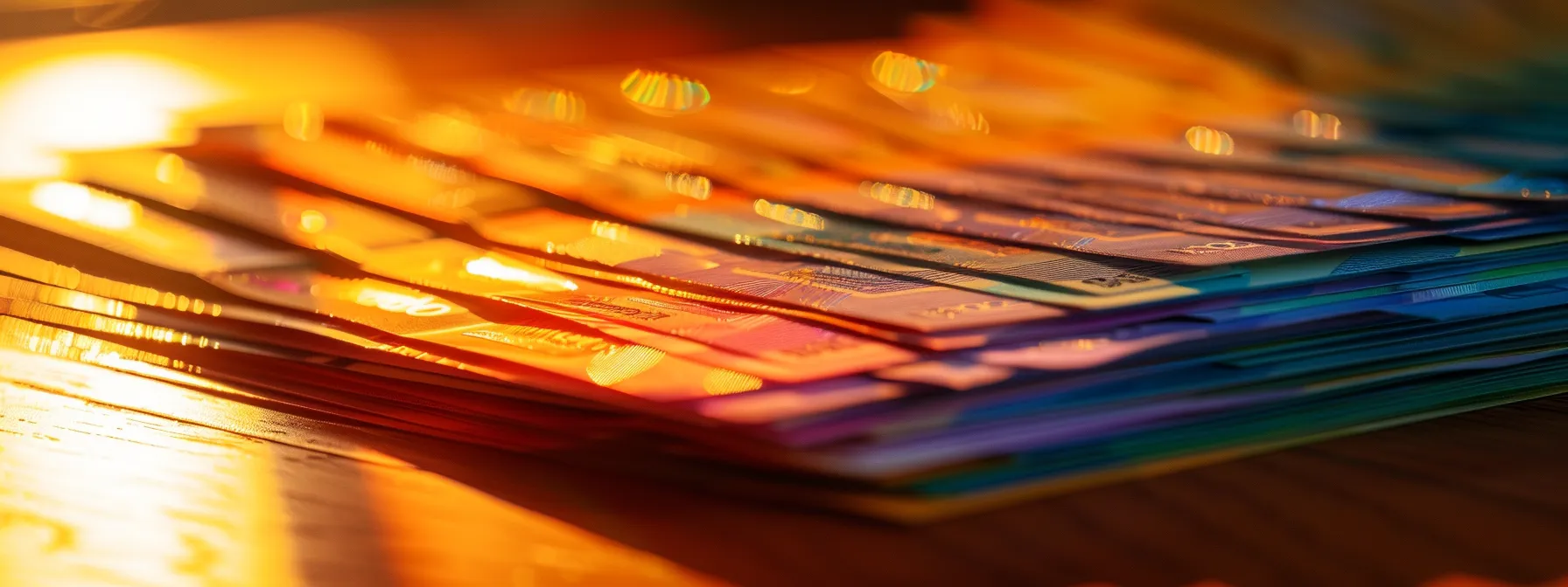 a close-up view of a stack of vibrant business and personal cheques arranged neatly on a polished wooden desk, illuminated by warm, soft lighting that highlights their intricate designs and textures.