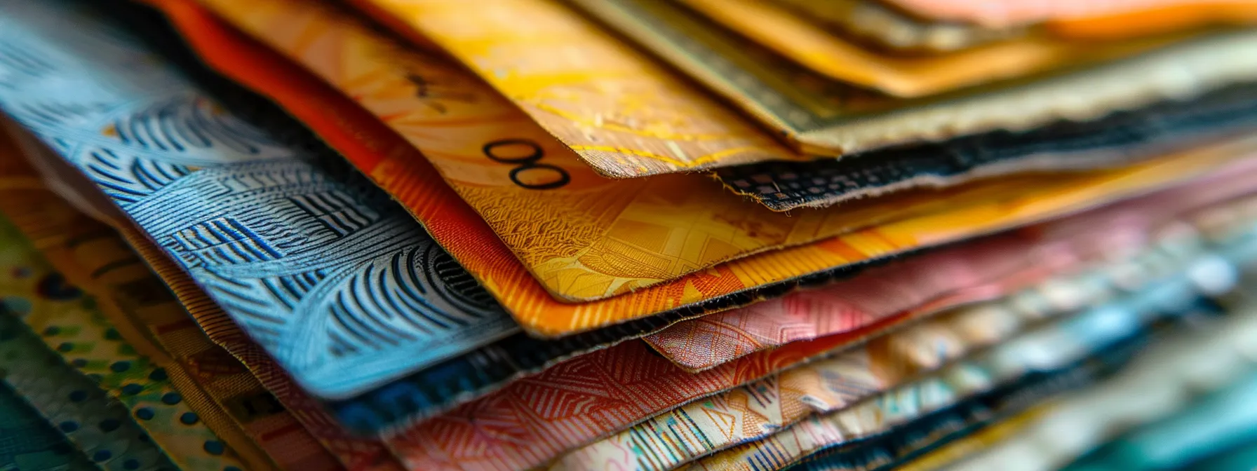 a close-up shot of an elegant stack of various cheques, showcasing intricate designs and vibrant colors against a soft, blurred background, emphasizing their professional significance and artistic details.