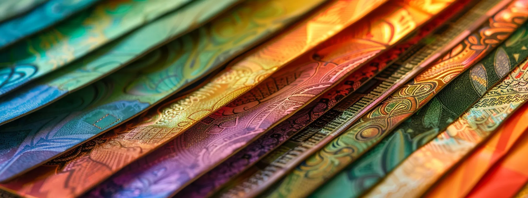 a close-up view of an elegantly arranged stack of various cheques, showcasing intricate designs and vibrant colors, illuminated by soft, diffused lighting to emphasize their texture and detail against a smooth, contrasting surface.