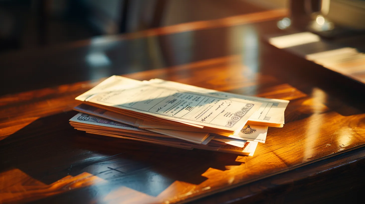 a close-up shot of an elegant, neatly arranged stack of business and personal cheques on a polished wooden desk, illuminated by soft, warm light that highlights their intricate designs and textures.
