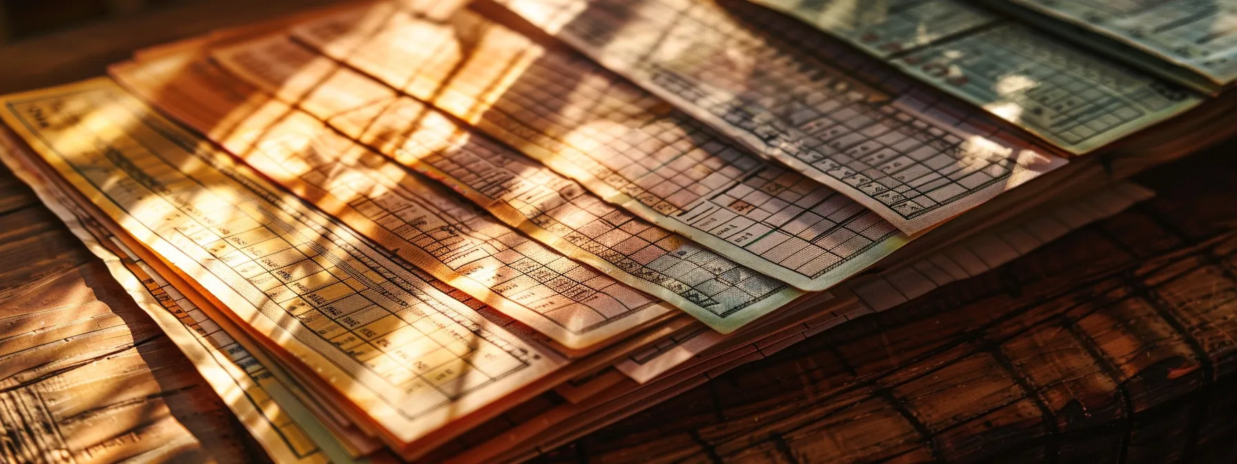 a close-up view of a pristine stack of various cheques in rich textures and colors, elegantly arranged on a polished wooden desk, illuminated by soft, natural light that highlights their intricate designs.