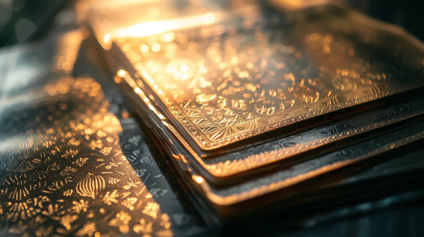 a close-up of a stack of elegant, embossed business and personal cheques, showcasing their intricate designs under soft, diffused natural light that highlights the textures and colors.