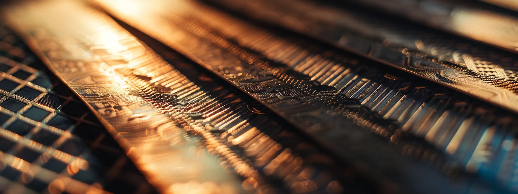 a close-up shot of a meticulously arranged stack of elegant business cheques, showcasing their sophisticated designs and gleaming embossing under soft, warm lighting.