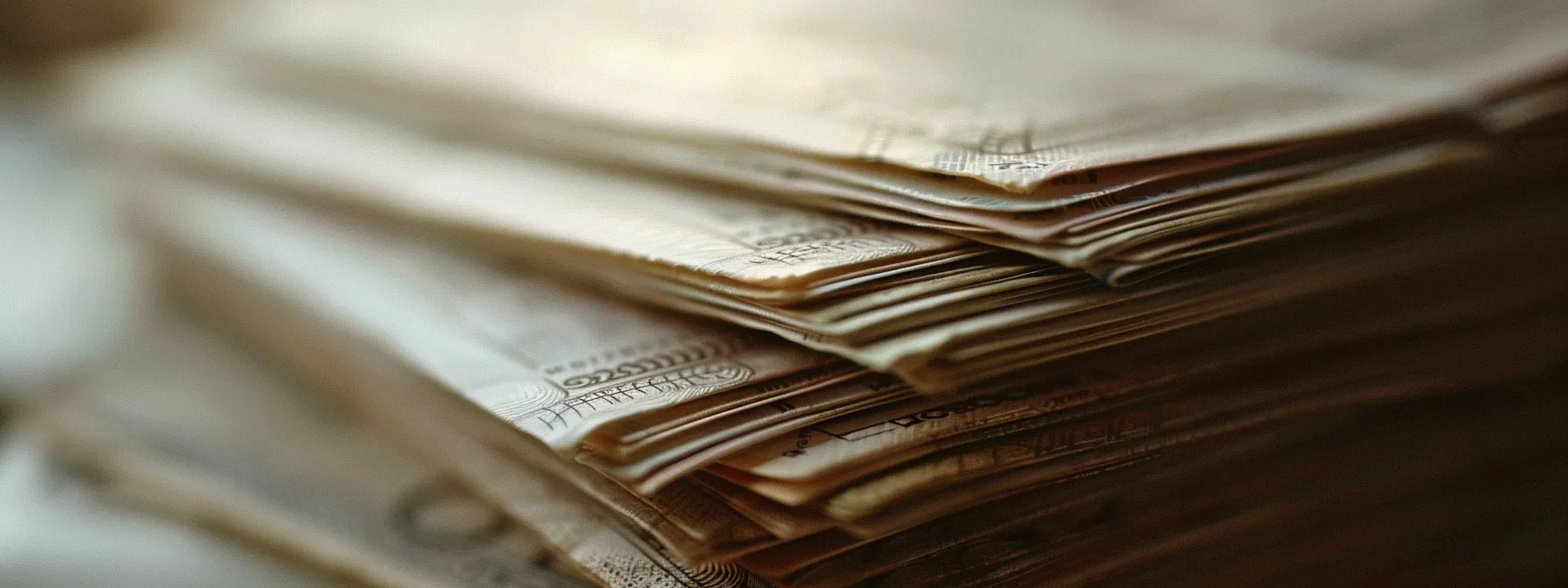 a close-up shot of a stack of elegant business and personal cheques, featuring intricate designs and a soft, diffused light that highlights their textured paper and subtle colors, set against a blurred, neutral background.