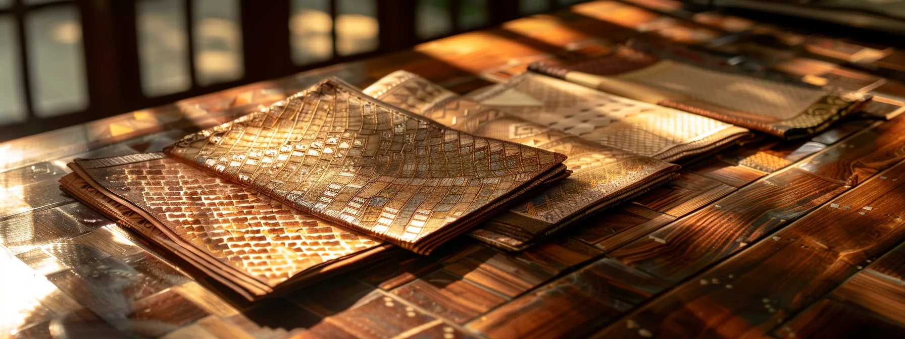 a collection of elegant, varied cheques displayed artfully on a polished wooden surface, showcasing their intricate designs and textures under soft, diffused lighting.