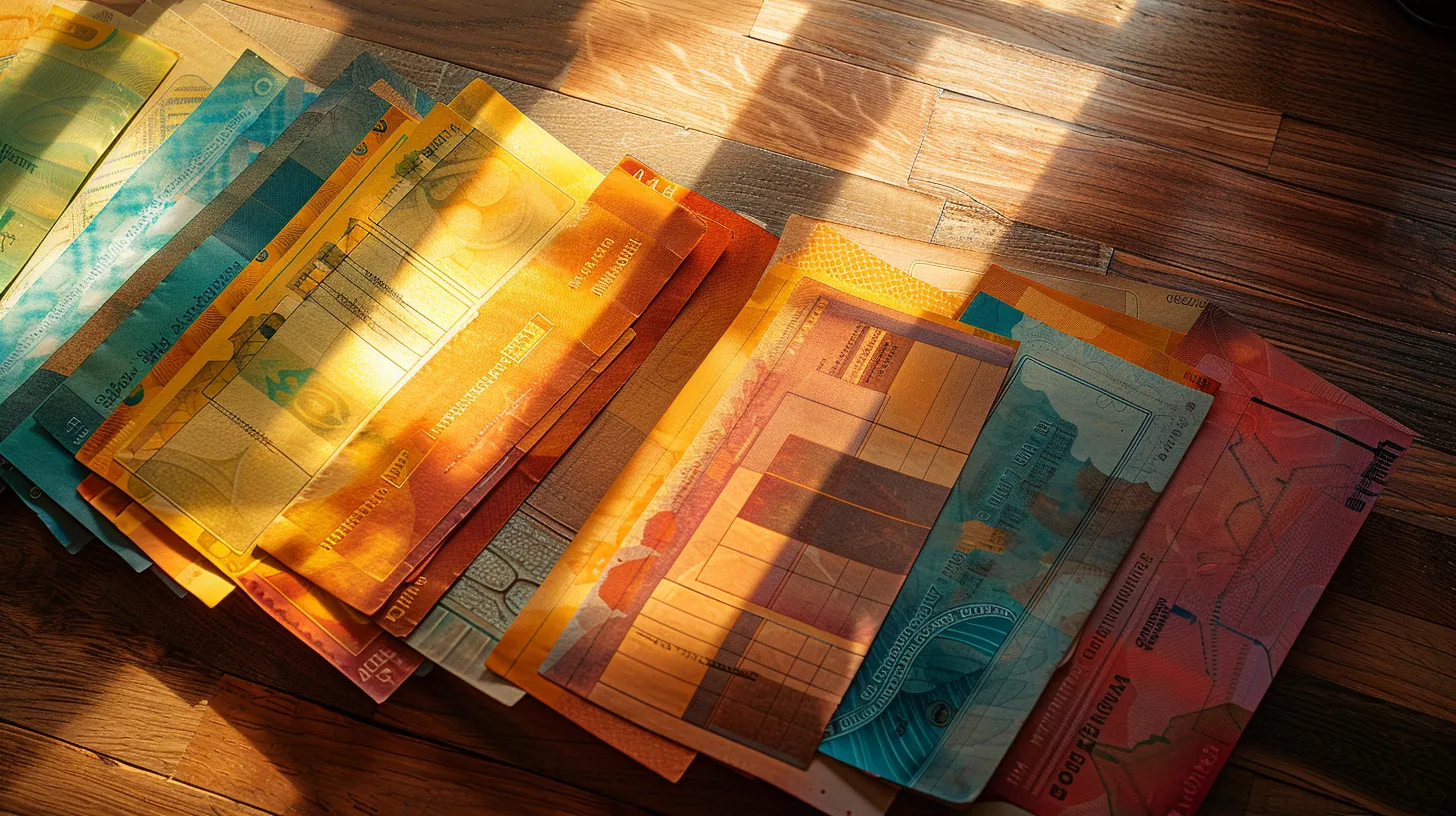a collection of elegantly arranged personal and business cheques, showcasing intricate designs and vibrant colors against a softly lit wooden surface, creating an inviting atmosphere of financial organization and professionalism.