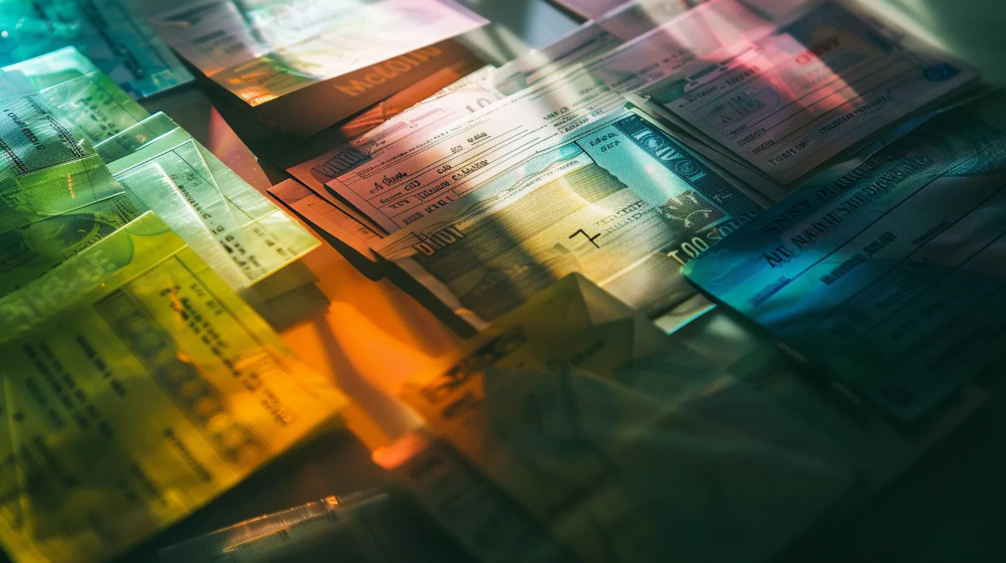 a collection of elegantly arranged business and personal cheques, showcasing intricate designs and vibrant colors against a sleek, polished surface, illuminated by soft natural light.