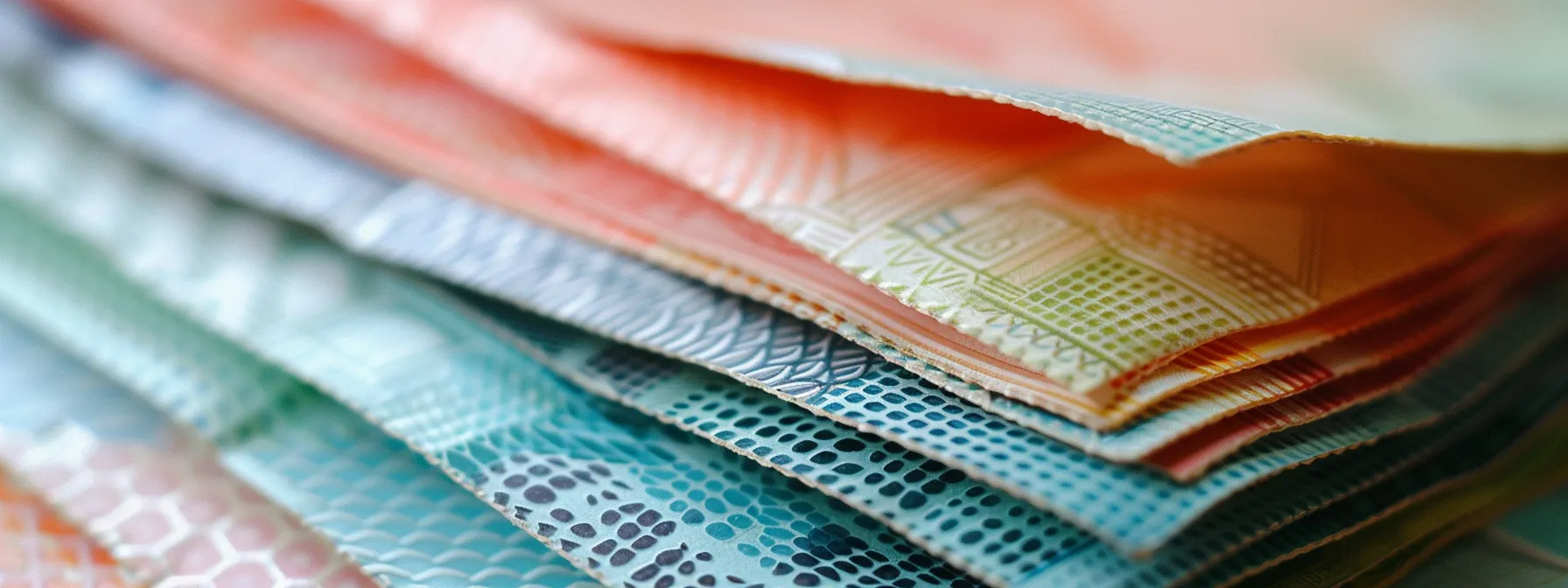 a collection of elegantly designed business and personal cheques stacked neatly, showcasing intricate patterns and vibrant colors against a soft-focus background that highlights their professional appeal.