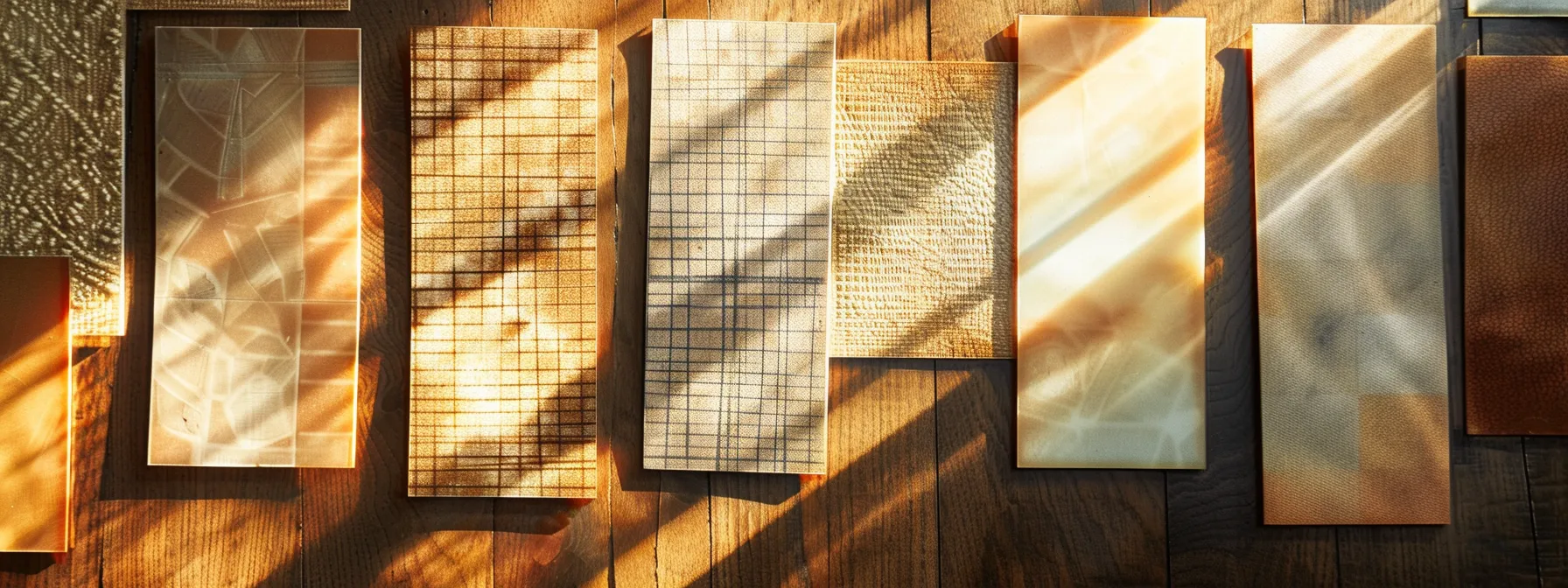 a collection of elegantly designed cheques, showcasing diverse patterns and textures, arranged in a visually appealing manner on a polished wooden surface, illuminated by soft, natural light.