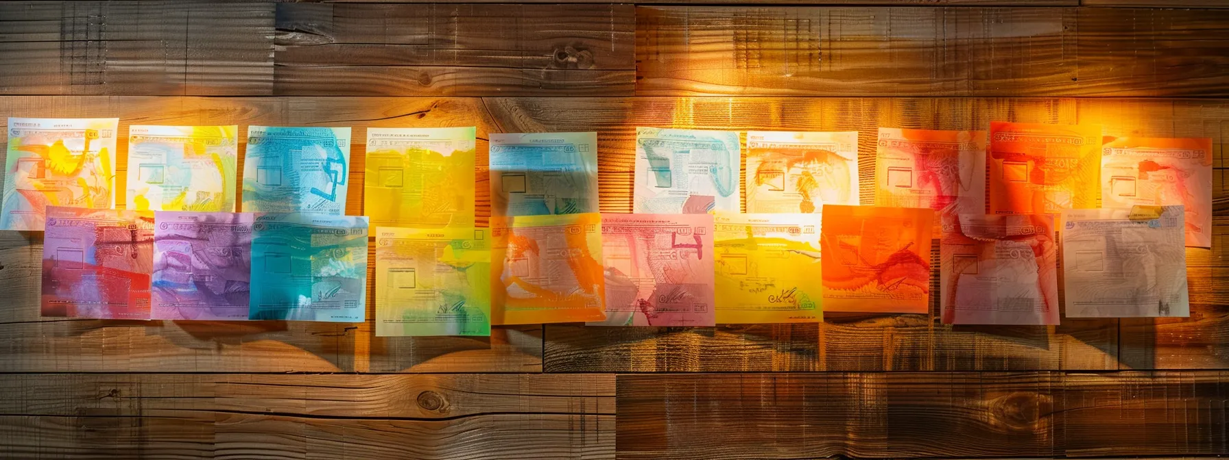 a collection of elegantly designed business cheques showcasing vibrant colors and unique logos, artfully arranged on a polished wooden surface, illuminated by soft, natural light to emphasize the quality and customization that enhances brand presence.