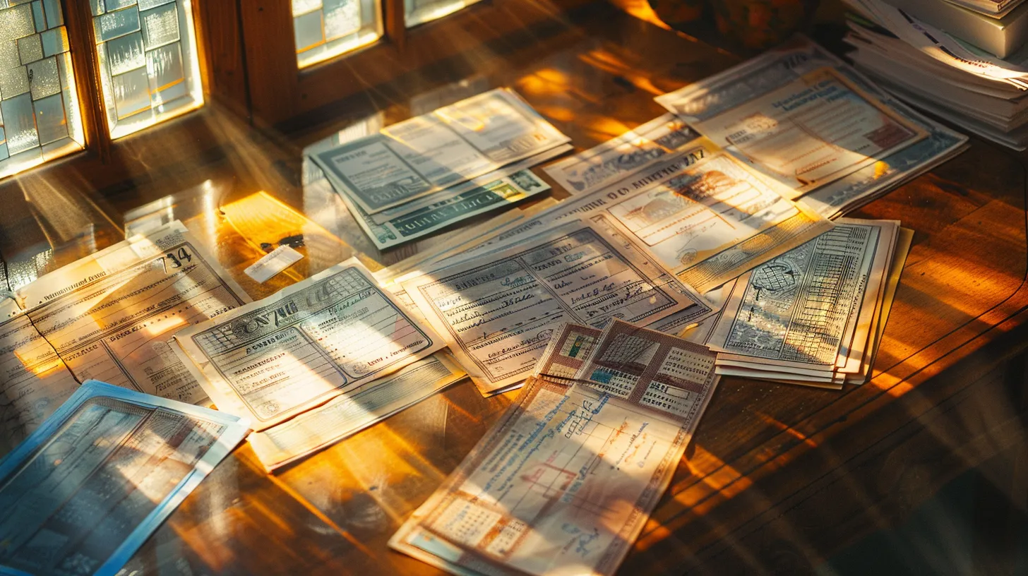 a collection of elegantly designed business and personal cheques lies arranged on a polished wooden desk, illuminated by soft natural light streaming through a nearby window, highlighting their intricate patterns and colors.