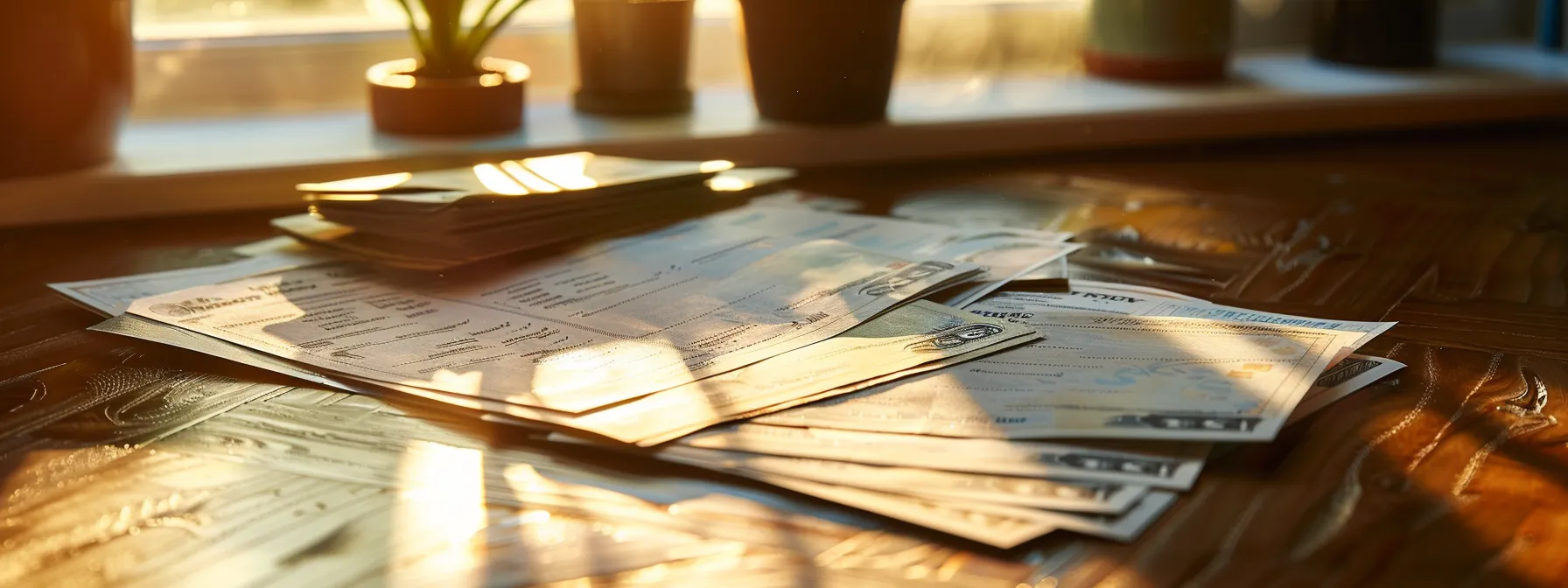 a collection of pristine, vibrant business and personal cheques, artfully arranged on a sleek, polished wooden desk, illuminated by soft, natural light streaming through a nearby window.