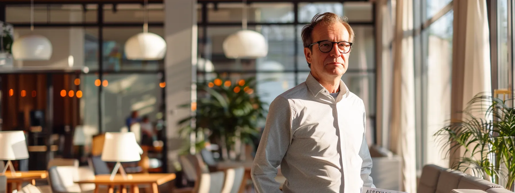 a confident business owner stands in a modern office, holding a business cheque amidst a backdrop of consumer protection regulations and advocacy resources, illuminated by soft, natural light filtering through large windows.