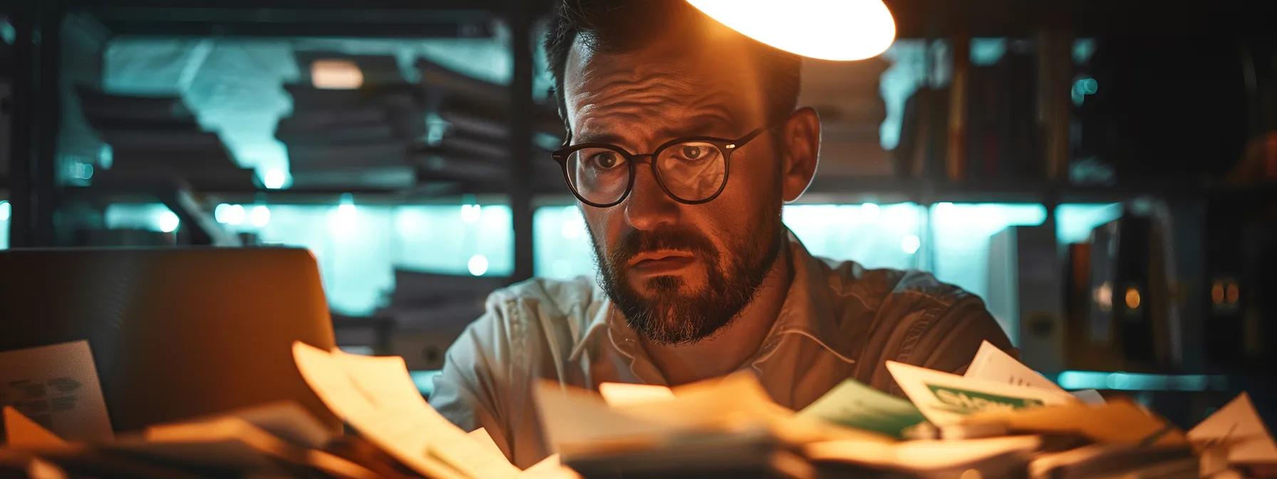 a dynamic close-up of a worried business professional surrounded by disarrayed paperwork and a laptop, illuminated by harsh fluorescent lights, emphasizing urgency and the importance of immediate action to secure finances after a lost cheque.