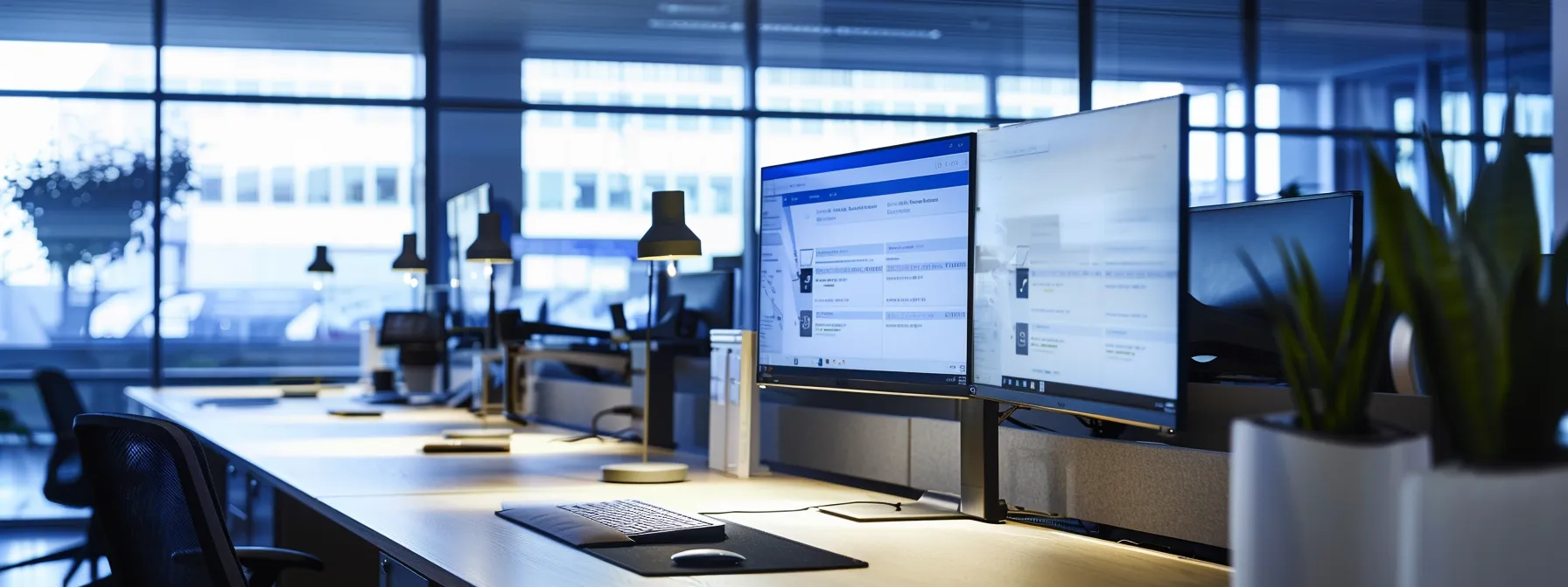 a dynamic, modern office environment showcases a sleek computer screen displaying an online cheque ordering system, illuminated by soft, ambient lighting, symbolizing the efficiency and speed of technology in streamlining business operations.