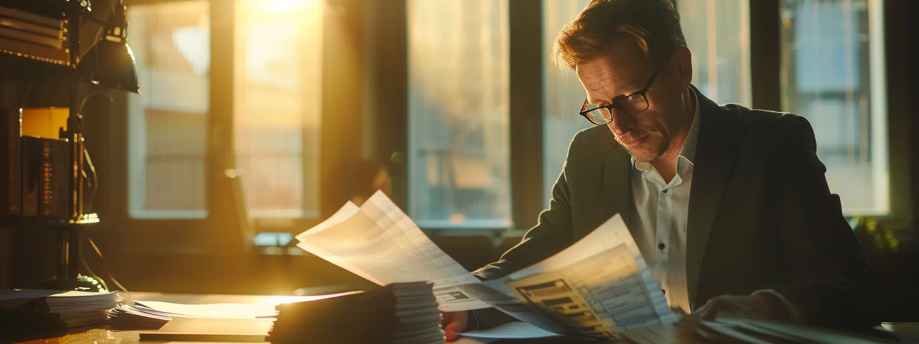 a focused businessman reviews a stack of unprocessed cheques on a polished desk, illuminated by soft natural light filtering through a nearby window, capturing the tension of delayed payments and the urgency of resolving financial uncertainties.